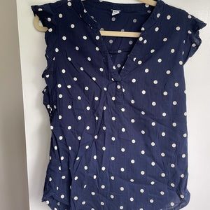Navy and white polka dot top